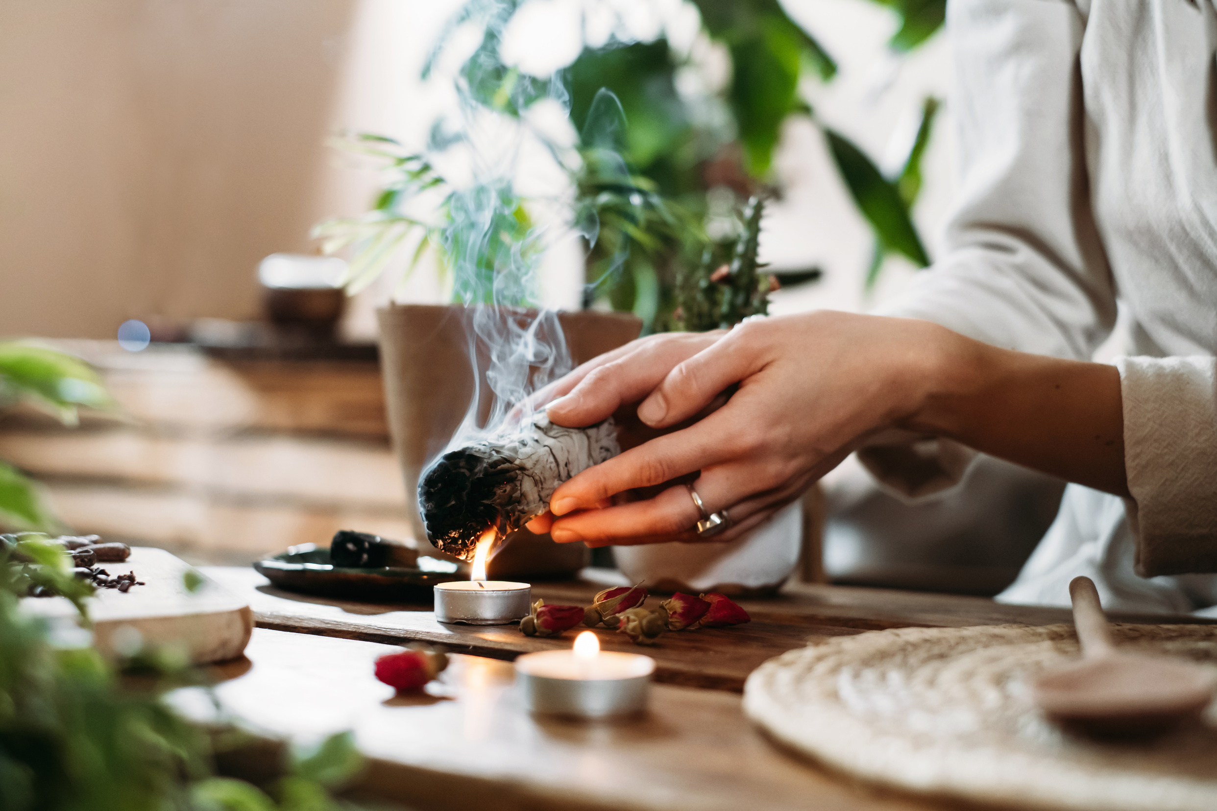 Hands Burning White Sage for Ancient Spiritual Ritual
